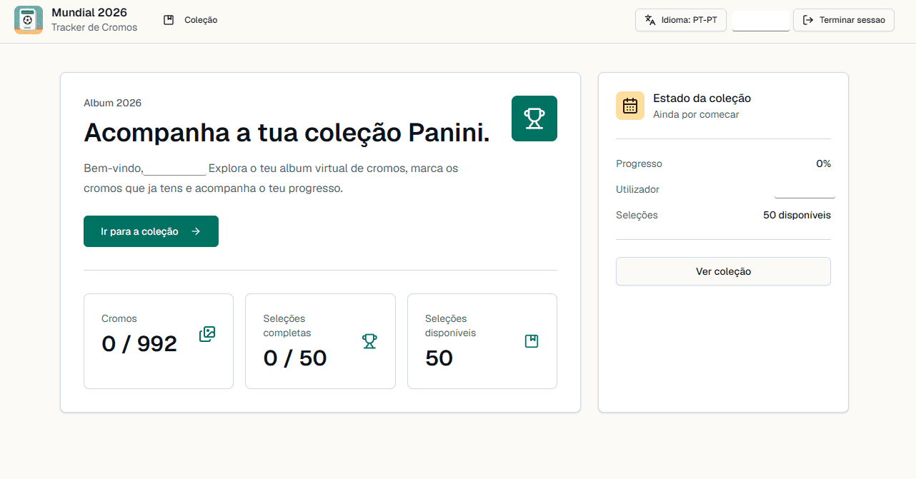 Ecrã de visão geral da coleção no Trackini