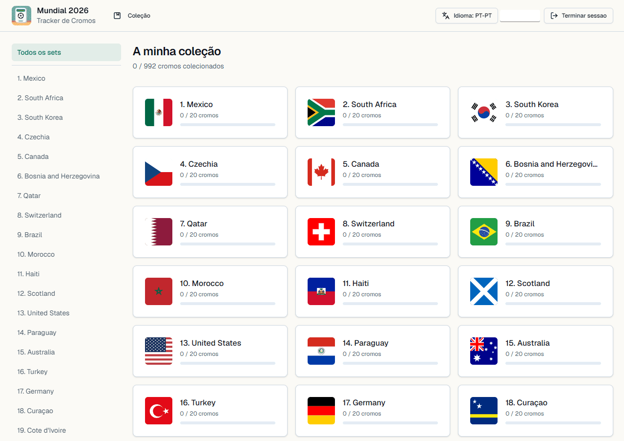 Ecrã de registo de cromos no Trackini